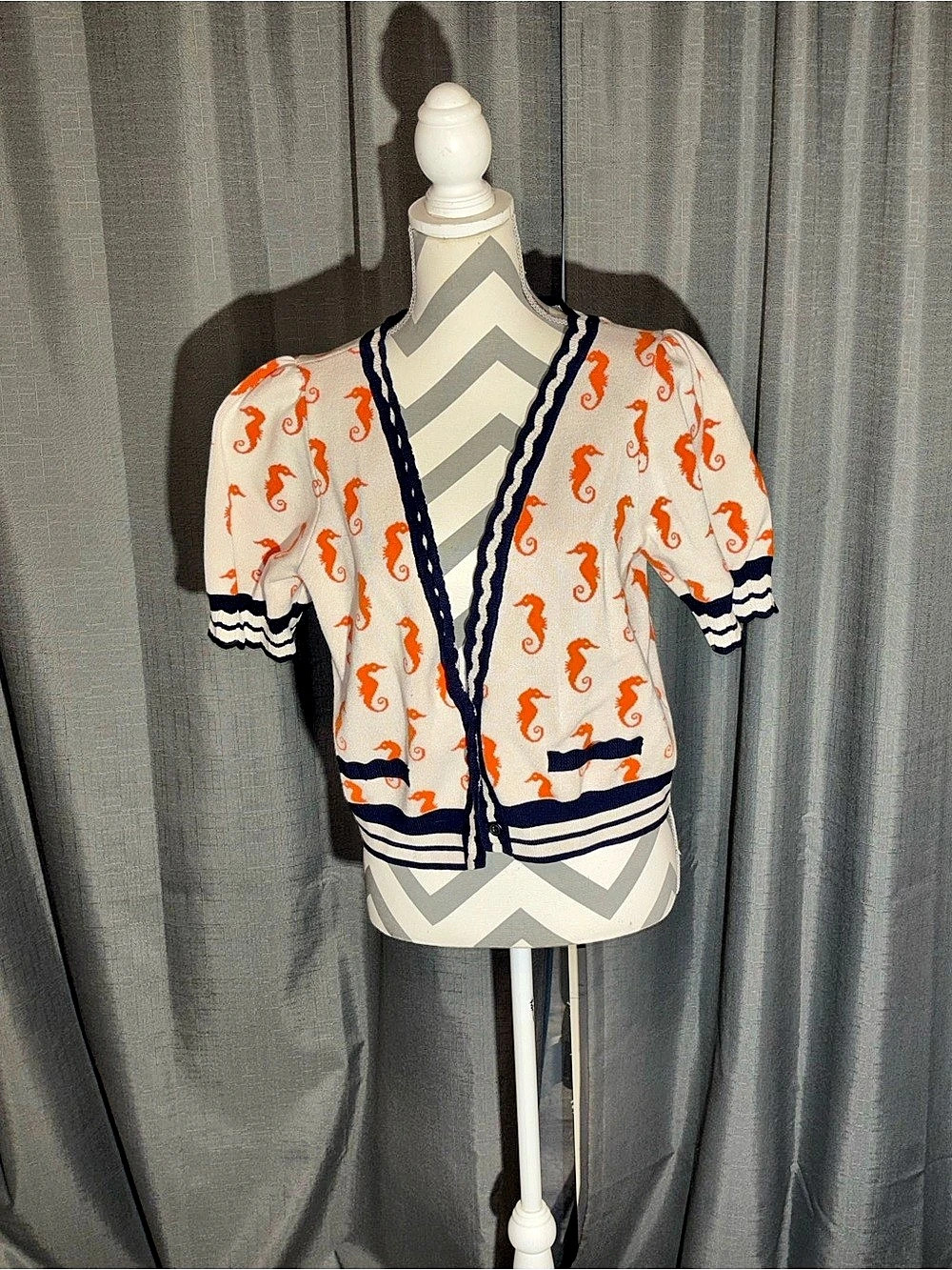 Anthropologie Seahorse Print Cardigan in White & Orange Like New